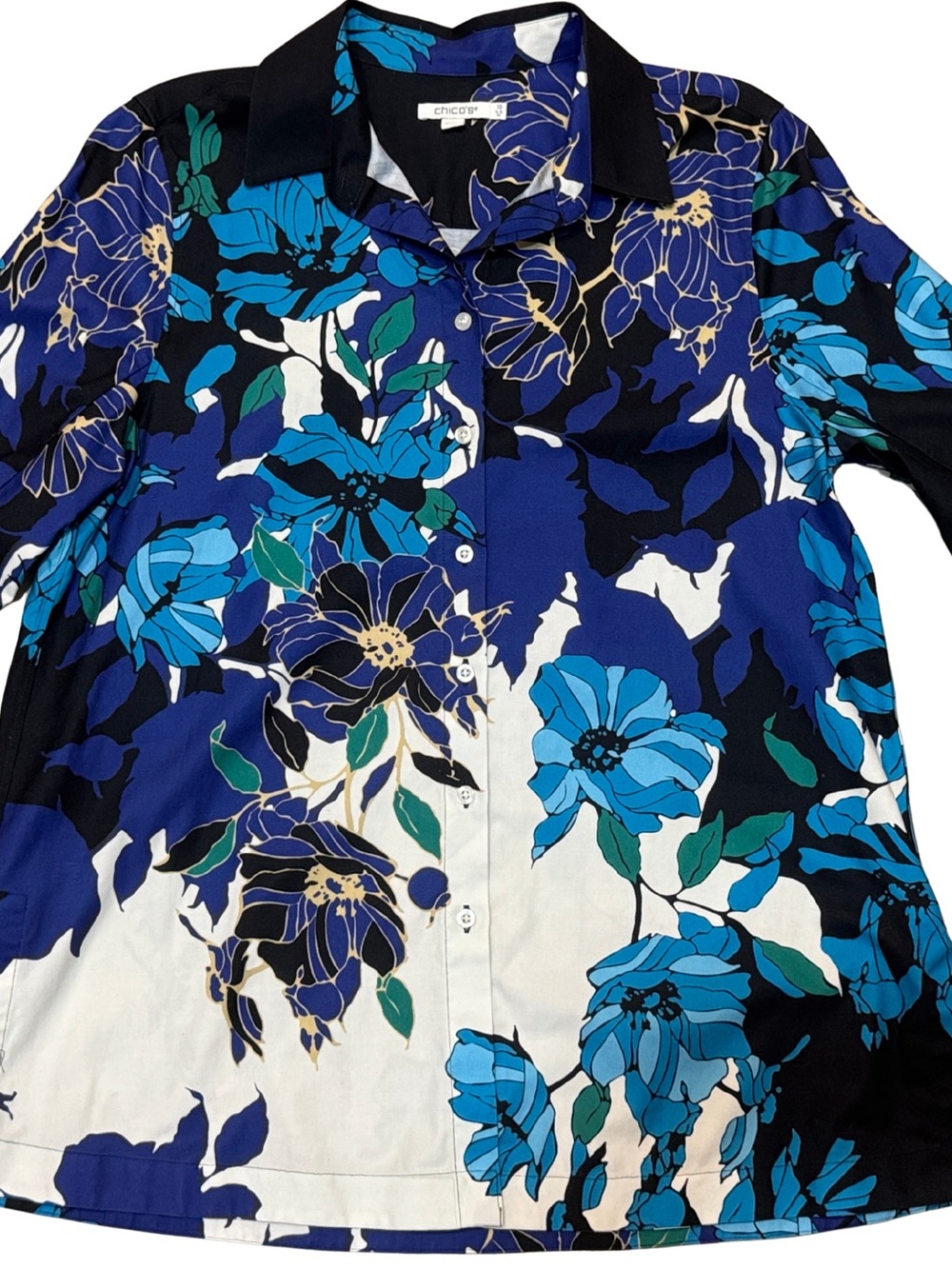 Chico's Sz 1.5 Blue & Teal Floral Button-Down Shirt Tunic US Size 10
